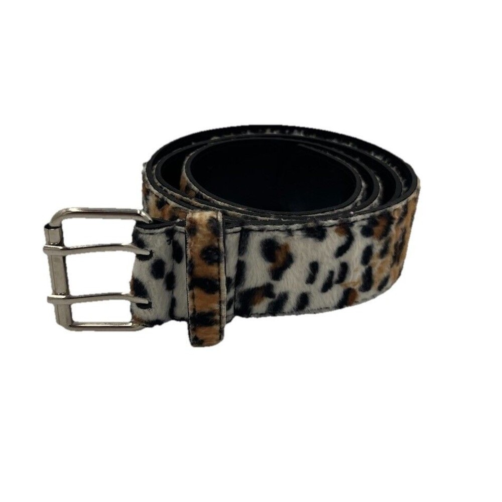 Vintage MUDD Leopard Print Faux Fur Belt Rhinestone Logo Y2K 90s Double Prong